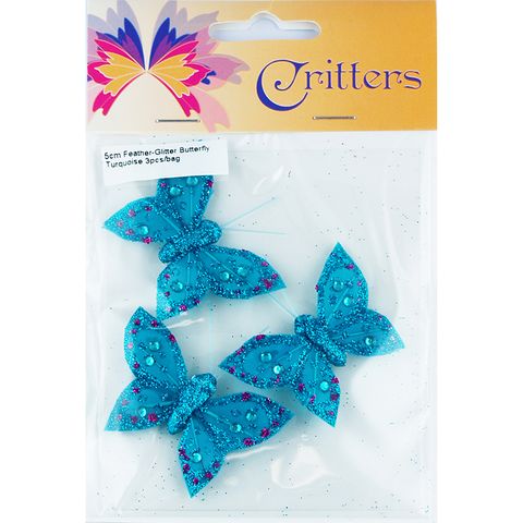 Butterfly Feather Glitter 5cm Turquoise