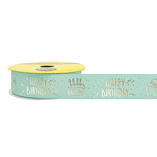 RIB SATIN 22MM GOLD HAPPY BDAY AQUA 3M