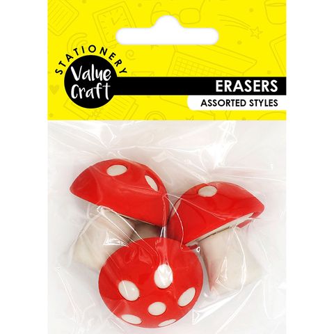 Mini Novelty Mushroom Erasers 3Pc