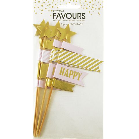 FAV TOPPER FLAG BABY PINK- GOLD FOIL 4PC