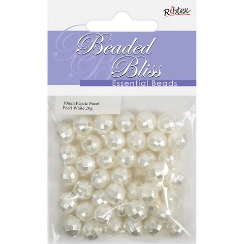 Bead Plastic Faceted Round Pearl White