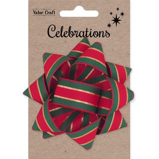 XMAS BOW 9.5CM RED GREEN GOLD STRIPE 1PC
