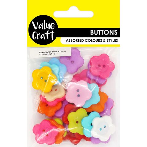 BUTTON FLOWER ASST W THREAD 30G