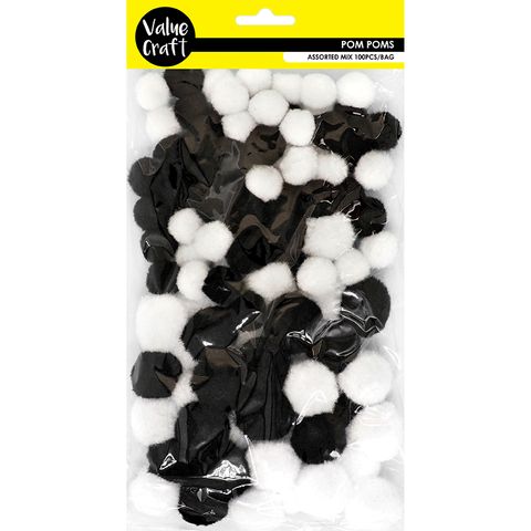 CRAFT POM POMS 20-30MM BLACK-WHITE 100PC