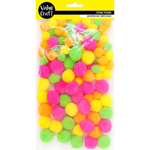 POM POMS ASST FLUOROS 100PCS