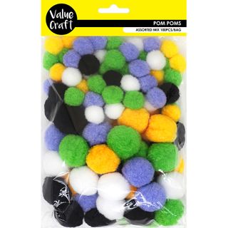 CRAFT POM POMS WH PPL GRN BLK ORG 100PCS