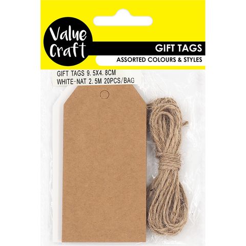 GIFT TAGS 9.5X4.8CM WHITE-NAT 2.5M 20PC
