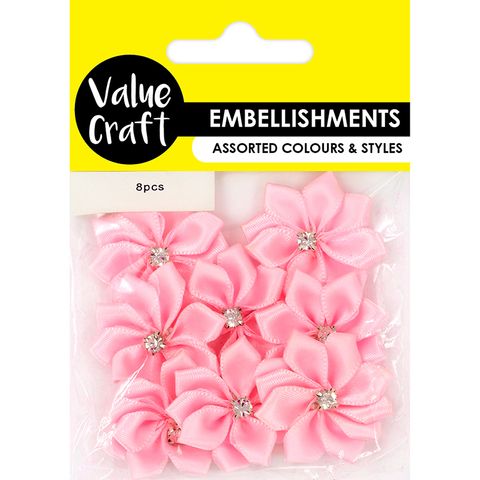 FLOWER W DIAMANTES PINK SATIN 8PC