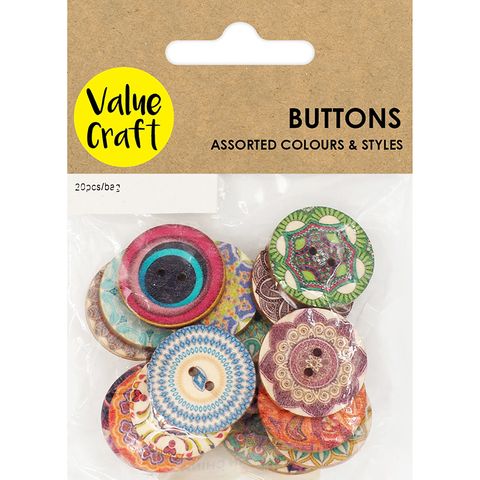 BUTTON WOOD PRINTED 2CM ASST 20PC