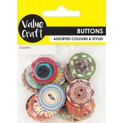 BUTTON WOOD PRINTED 2CM ASST 20PC