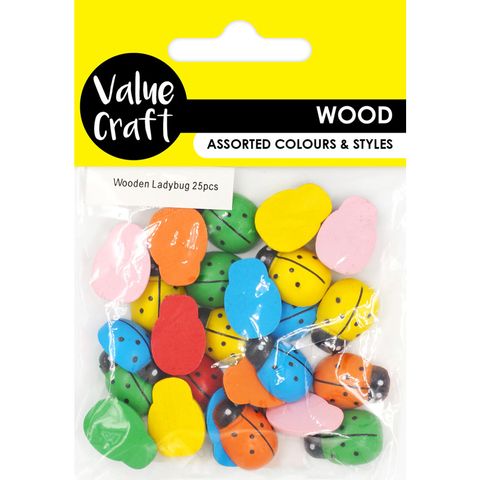 EMB WOOD LADYBUG ASST BRIGHTS 25PC