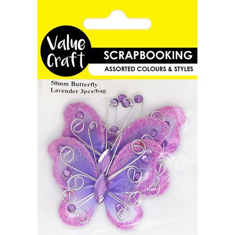 CRAFT MINI BUTTERFLY 50MM LAVENDER 3PC