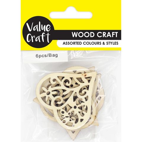 WOOD FLORAL HEARTS NATURAL 6PCS