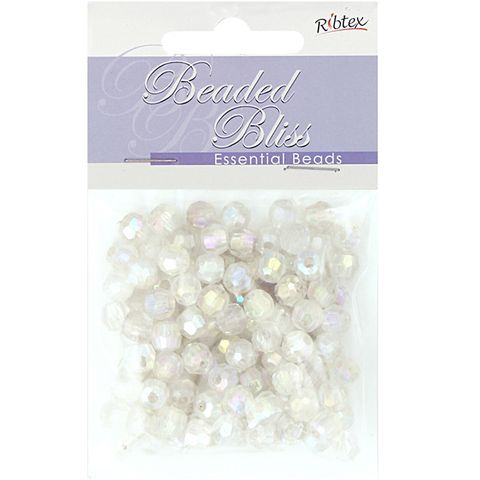 BEAD PLASTIC ROUND FACET 7MM WHT AB 20G