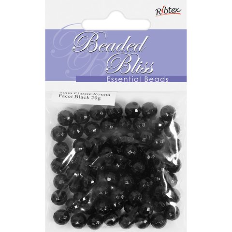 BEAD PLASTIC ROUND FACET 8MM BLACK 20G