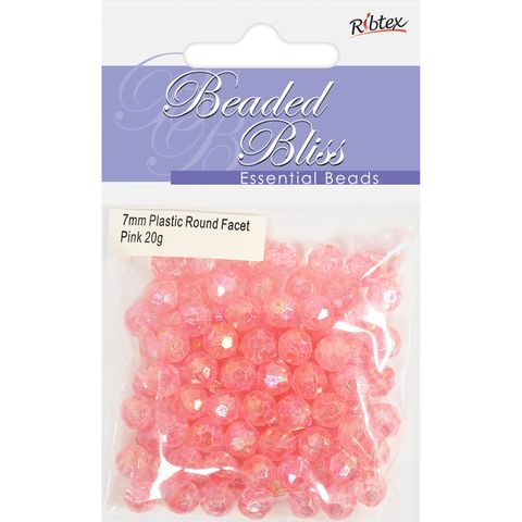 BEAD PLASTIC ROUND FACET 7MM PINK 20G