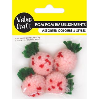 Strawberry Pom Pom Embellishments 4Pc