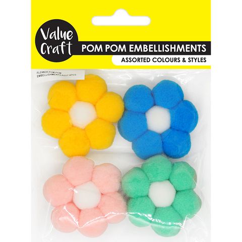 FLOWER POM POM EMBELLISHMENTS ASST 4PCS