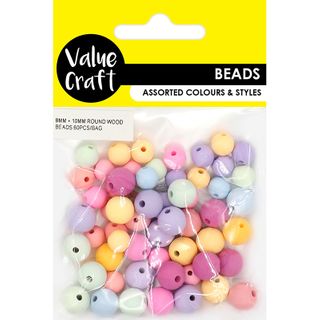 BEAD WOOD PASTEL ROUND 2 SIZES 60PCS