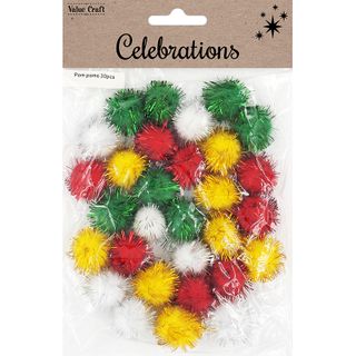 XMAS POM POMS TRADITIONAL W FOIL 30PCS