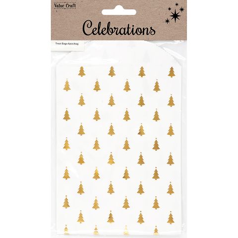 XMAS TREAT BAGS WHITE-GOLD TREES 6PC