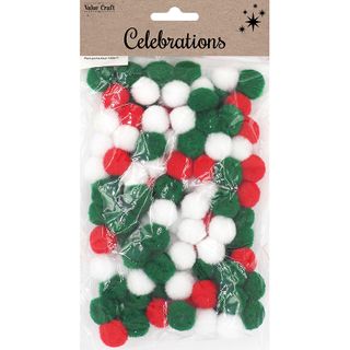 XMAS POM POM TRAD RED GREEN WHITE 100PC