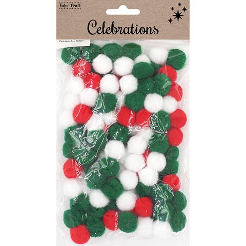 XMAS POM POM TRAD RED GREEN WHITE 100PC