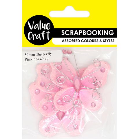 CRAFT MINI BUTTERFLIES 50MM PINK 3PC