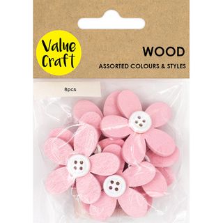 Emb Wood 40Mm Flower W Button Pk 8Pc