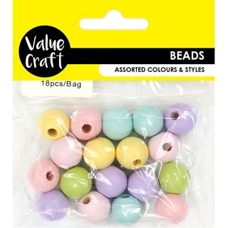 BEAD WOOD ROUND 15MM PASTEL 18PCS