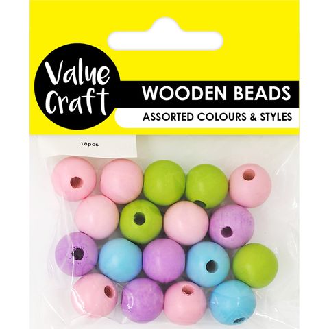 BEAD WOOD ROUND 15MM PASTEL 18PCS