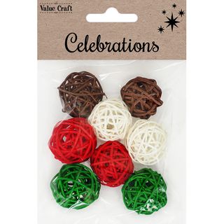 XMAS WICKER DECO BALLS ASSORTED 8PCS