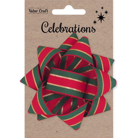 XMAS BOW 9.5CM RED GREEN GOLD STRIPE 1PC