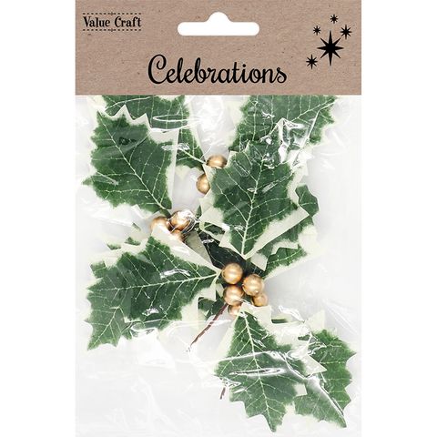 XMAS LARGE HOLLY LEAF GOLD BERRY 4PCS