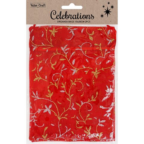 XMAS BAG ORGANZA 15x20CM SWIRL LEAF 2PC