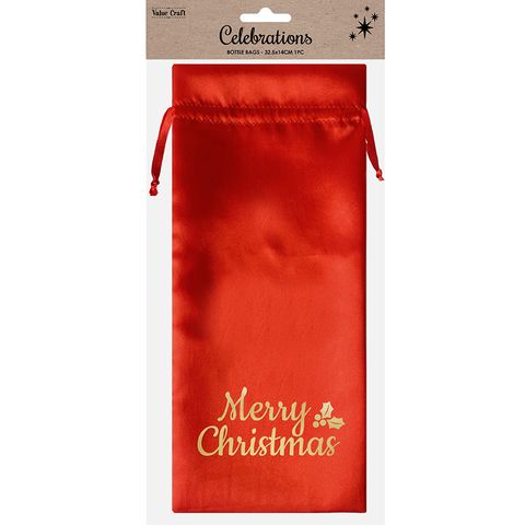 XMAS BOTTLE BAG 32.5X14CM SATIN RED 1PC