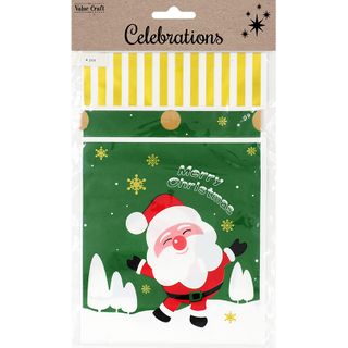 XMAS TREAT BAG WITH TIE GREEN SANTA 4PC