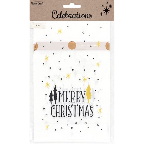 XMAS TREAT BAG WITH TIE GOLD XMAS 4PC