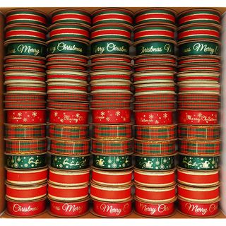 XMAS RIBBON BOX TARTAN GOLD 80 ROLL MIX