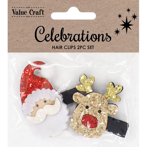 XMAS GLITTER HAIRCLIPS SANTA DEER 2PCS