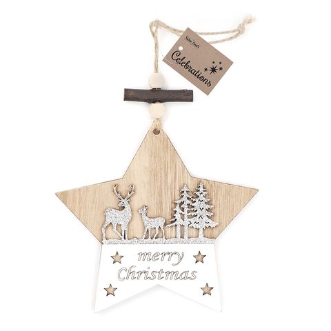 XMAS WOOD ORNAMENT STAR SILVER 1PC