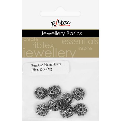 Bead Caps 10mm Flower Silver 15Pcs