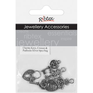 Charm 2XKeys Crosses Padlock Silver 6Pcs