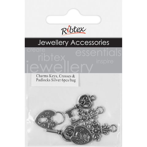 Charm 2XKeys Crosses Padlock Silver 6Pcs