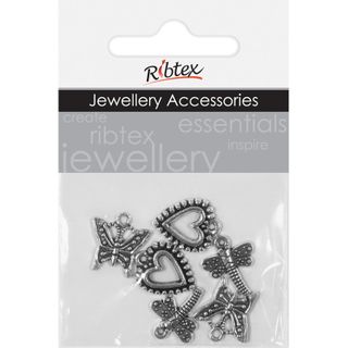 Charm 2X Hearts B'Fly D'Fly Silver 6Pcs