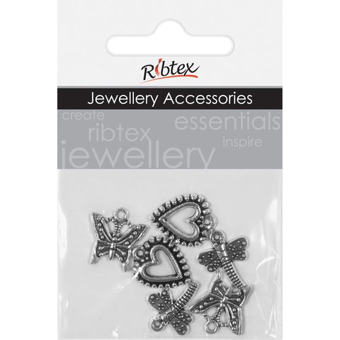 Charm 2X Hearts B'Fly D'Fly Silver 6Pcs