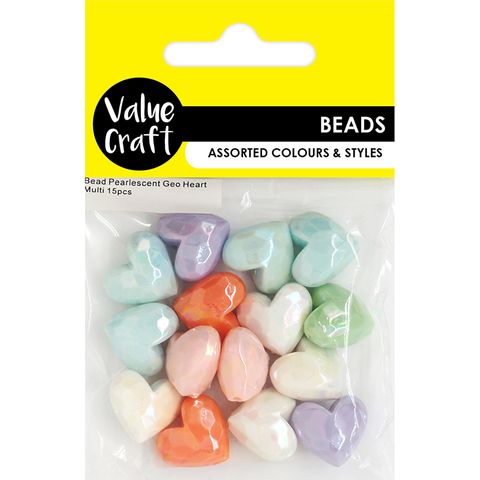 BEAD PEARLESCENT GEO HEART MULTI 15PCS