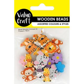 BEAD WOODEN ANIMALS W FLOWERS 18PCS