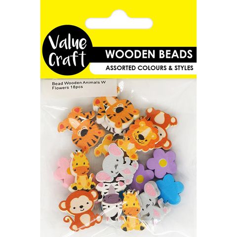 BEAD WOODEN ANIMALS W FLOWERS 18PCS