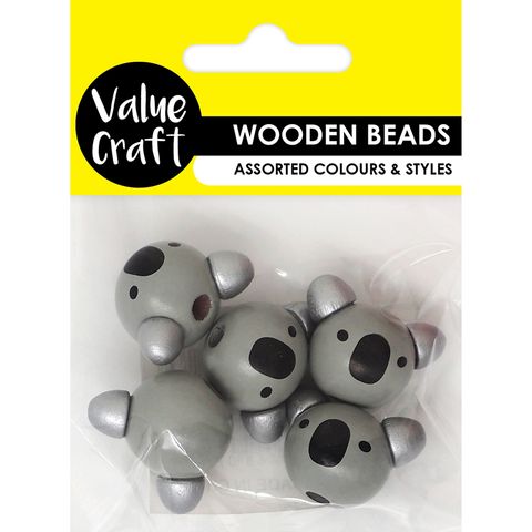 BEAD WOODEN KOALA HEADS 5PCS